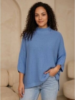 Kerisma Oversized Mock Neck High-Low Side Slit Knit Sweater O/S Blue
